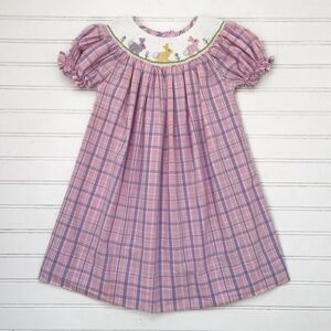 HAND SMOCKED EUC Plaid Easter Bunny Cotton Tail Bishop Heirloom Dress
